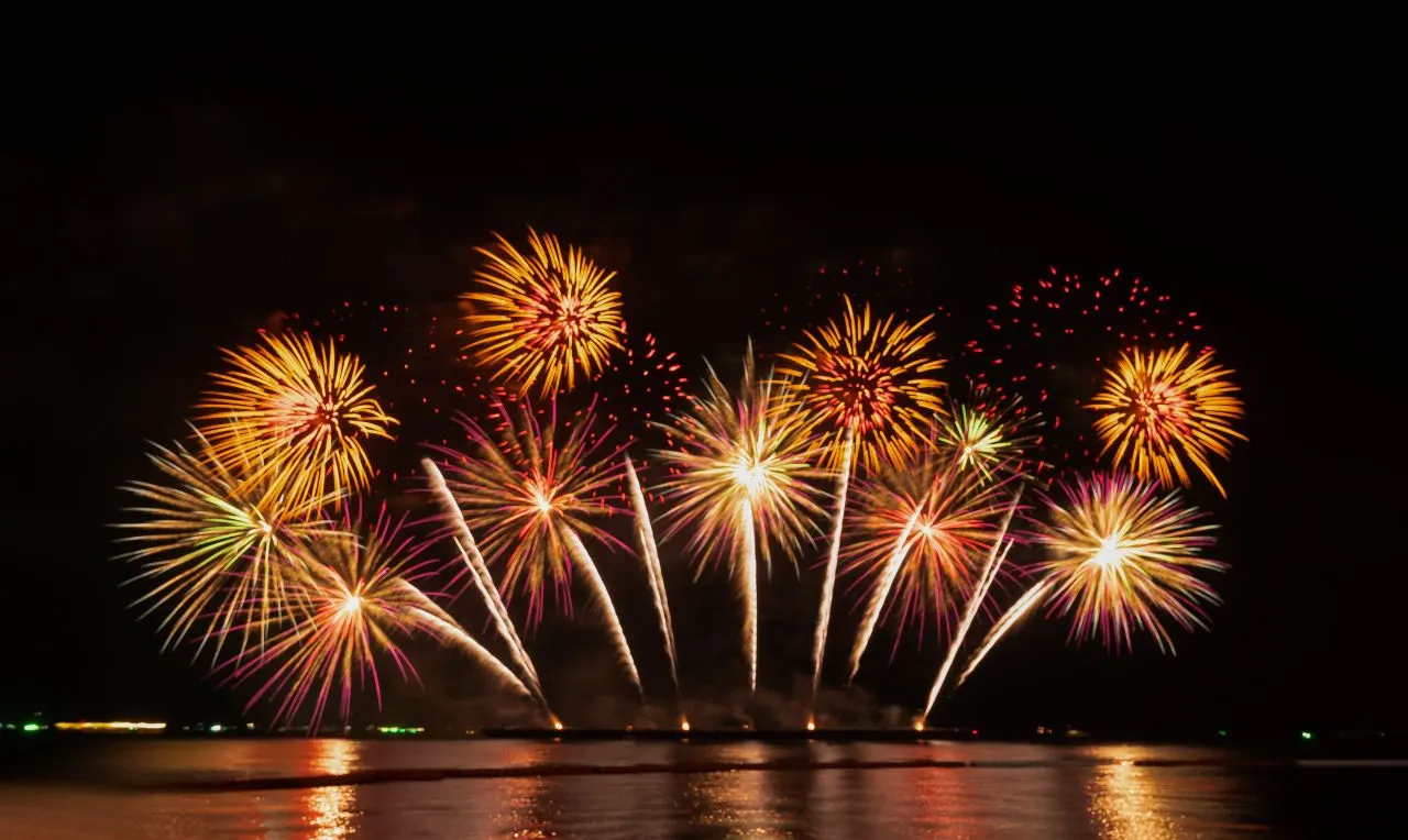 A imagem mostra de forma ilustrativa fogos na virada do ano